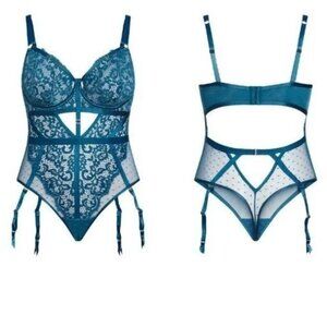 NWT FOX & ROYAL Hollie Underwire Bodysuit w/Garters in Poseidon Teal 14 DD/E